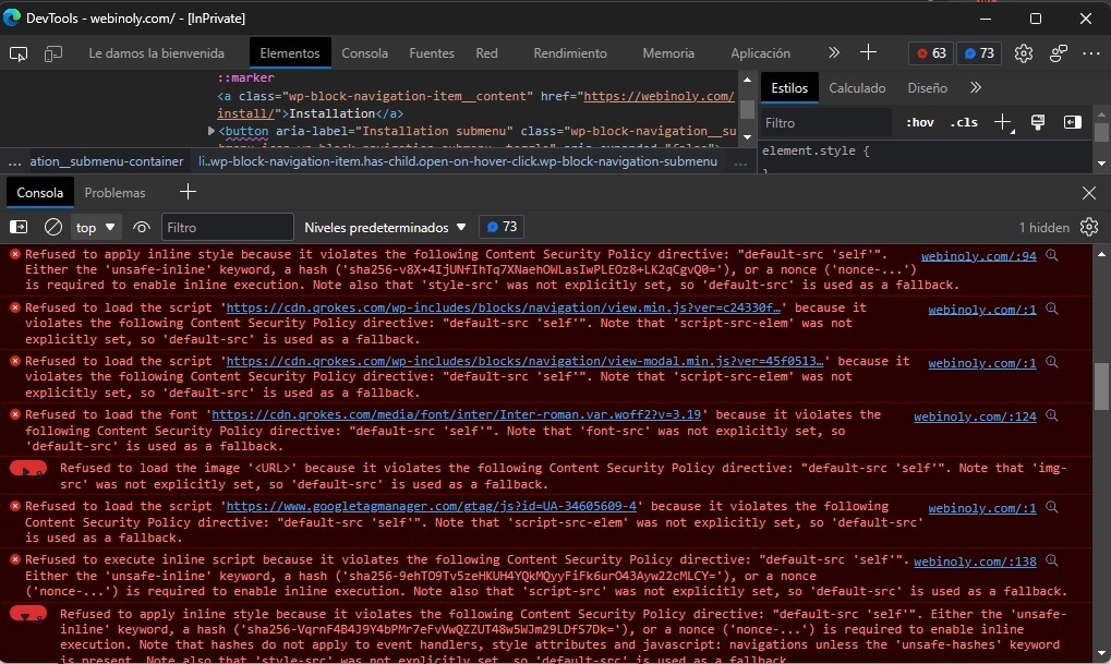 Content Security Header inspect in browser.